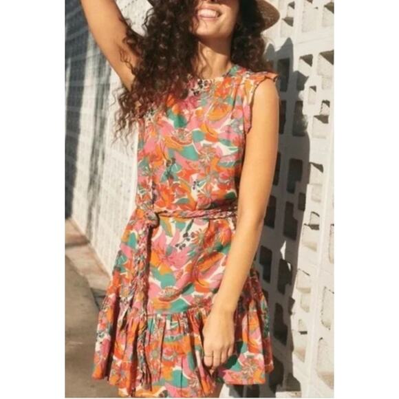Marine Layer Laney Mini Dress In Vintage Floral Print Linen Women's Braided Belt - Picture 1 of 14